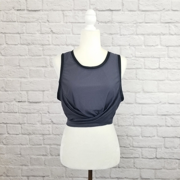 Fabletics sheer dark gray wrap around sleeveless open back scoop neck top Sz XL - Picture 2 of 11